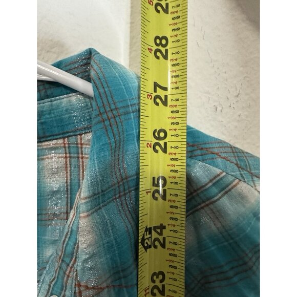 Ariat Women’s XL Fitted Western Snap Teal Plaid Studded Pockets Shirt - Picture 7 of 8
